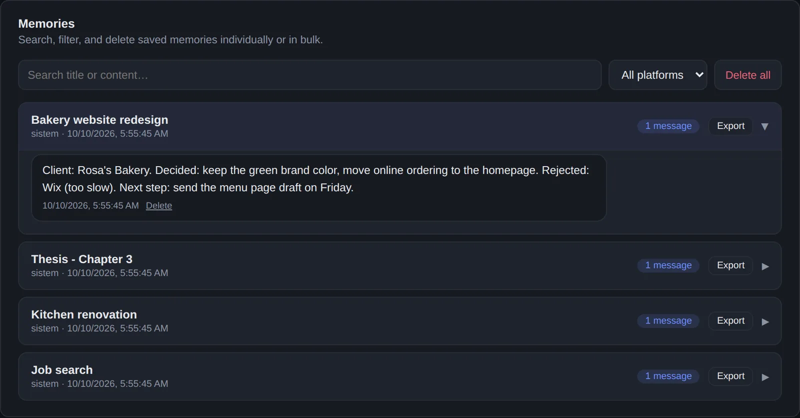 Memoro memories list with an expanded status card