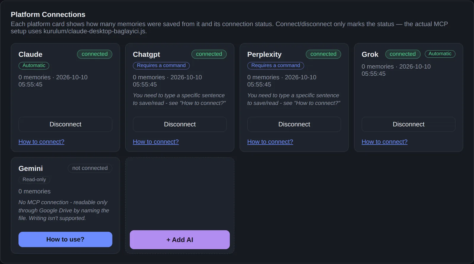 Memoro control panel showing Claude, ChatGPT, Perplexity and Grok connected