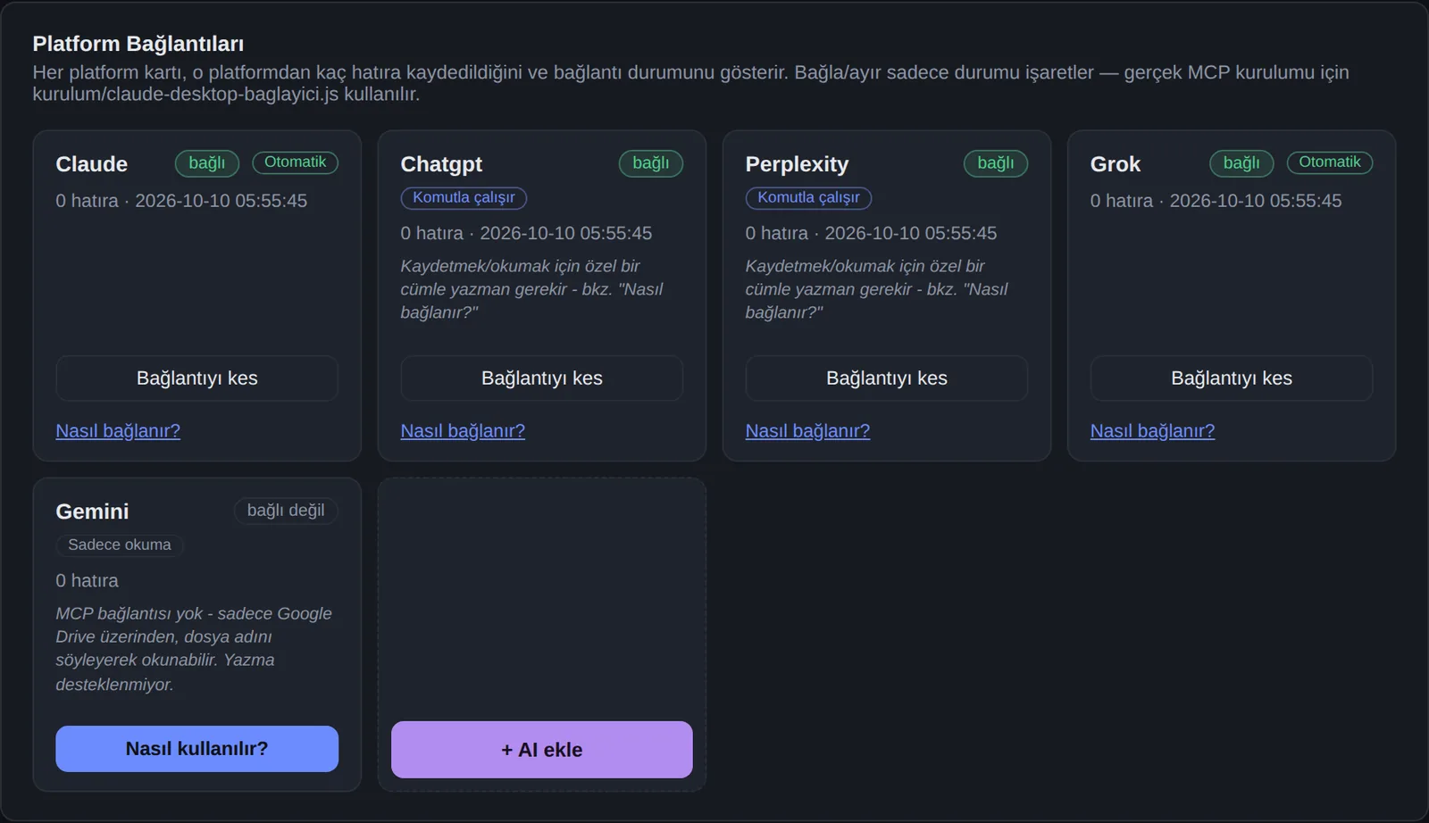 Claude, ChatGPT, Perplexity ve Grok'un bağlı göründüğü Memoro kontrol paneli